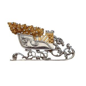 Vtg Christmas Santa Sleigh Brooch Gold and Silver Signed F.L.